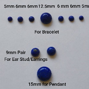 Measurement chart for lapis lazuli stones with sizes labeled for bracelet, ear stud/earrings, and pendant.