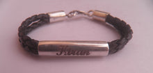 Load image into Gallery viewer, Name Engraved Leather Cord Silver Bracelet