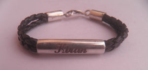 Name Engraved Leather Cord Silver Bracelet